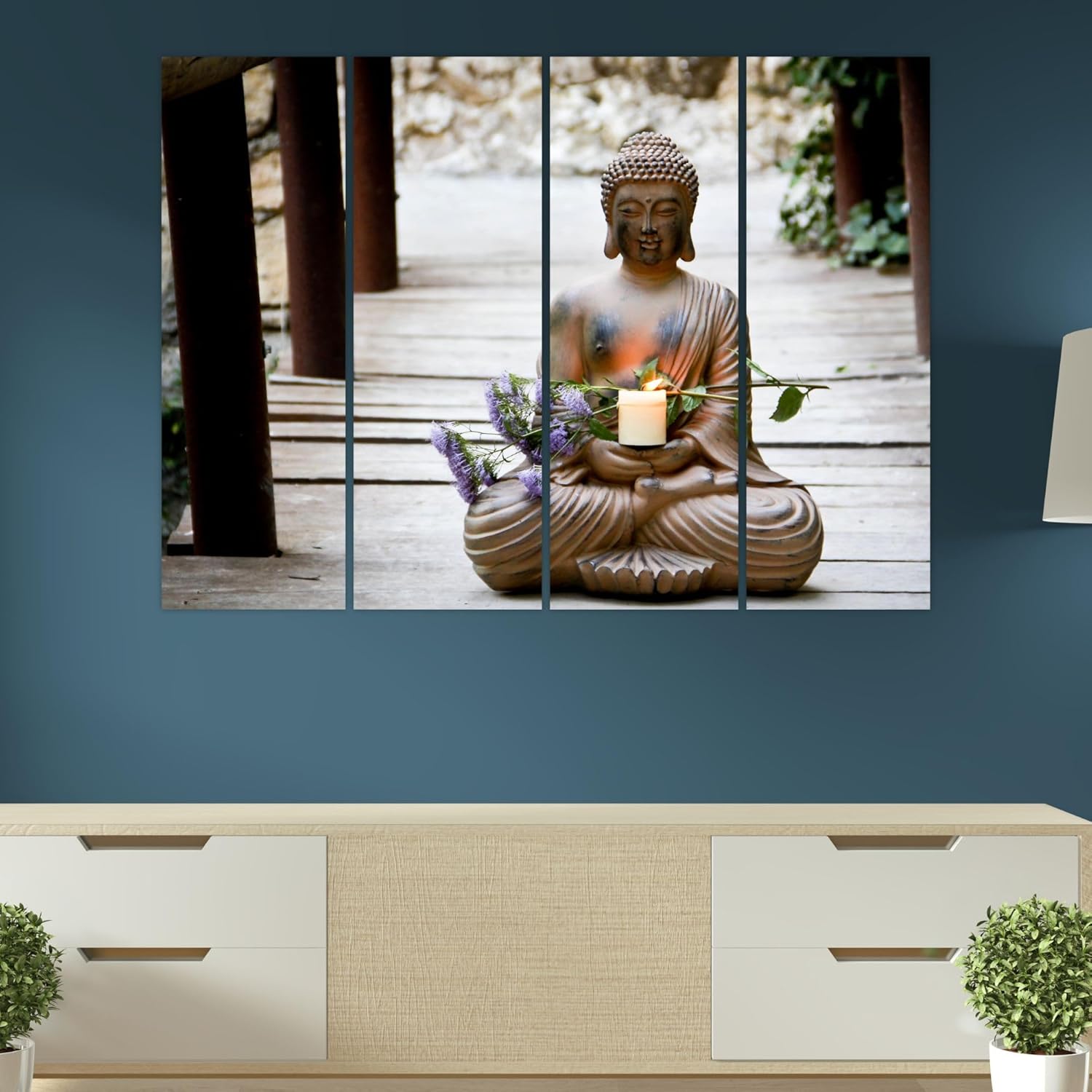 inep-b0cghyy9xh-four-panel-buddha-bliss-framed-wall-art-hanging-neatly-on-a-light-colored-hallway-wall.jpg